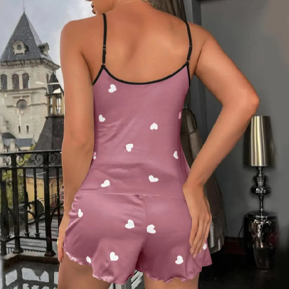 Damen Sommer Pyjama Set 2025 - Ärmelloses Cami & Shorts mit Herz-Print