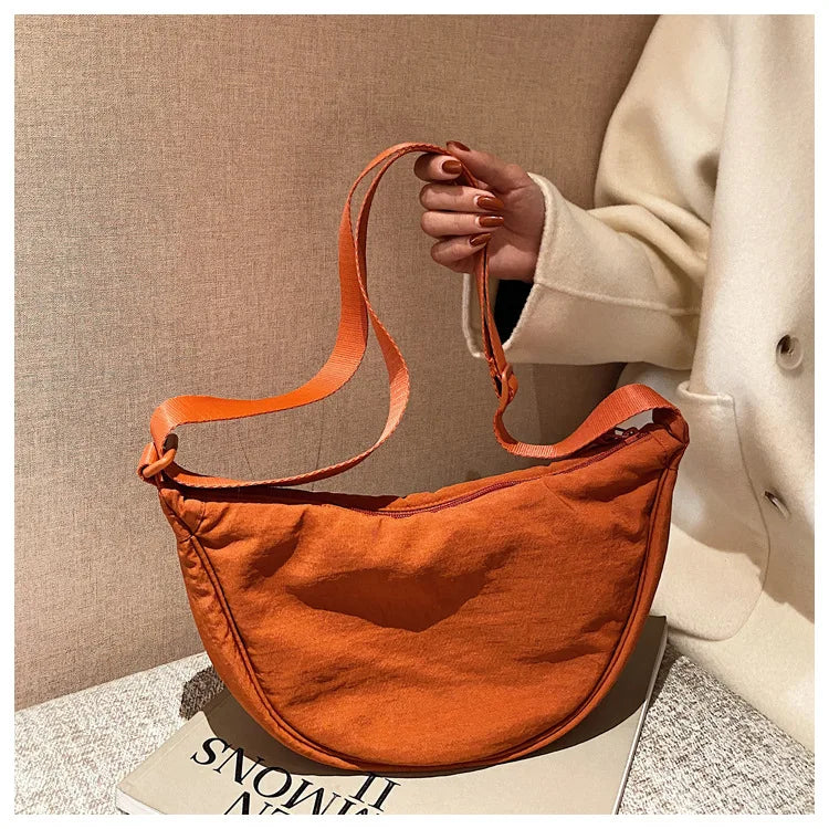 Solid Color Women's Portable Shoulder Bag Simple Female Nylon Cloth Padded Crossbody Bags Travel Purse Handbags Messenger Bag