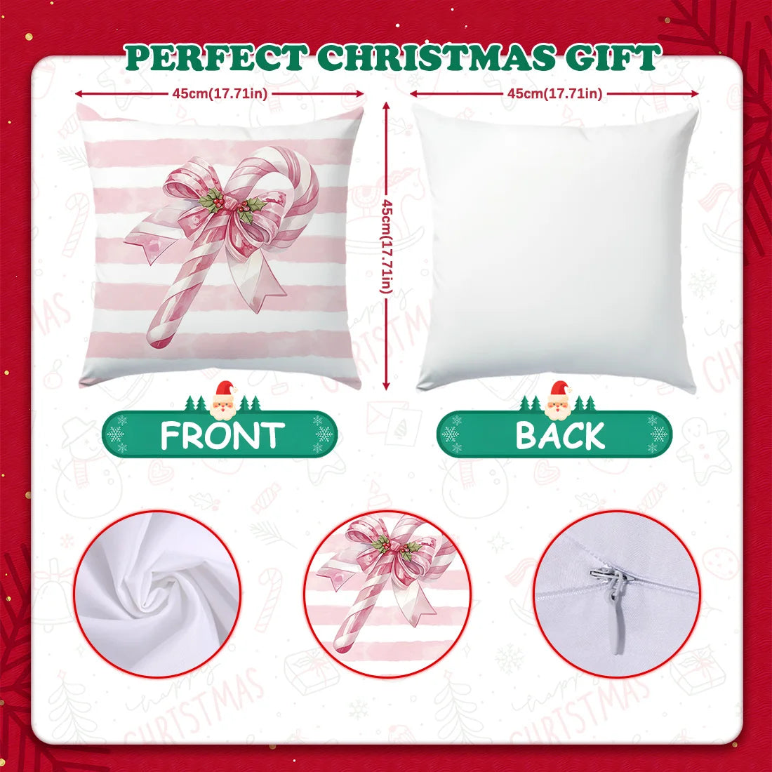 45 * 45cm Pink Christmas Throw Pillow Cover Pink Striped Snowman Christmas Tree Cane Santa Claus for Home  Sofa Cushion Cover