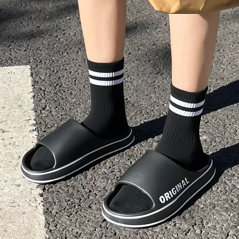 Feslishoet Frauen Buchstaben Hausschuhe Strand Slides Solid Farbe Herren Dick Sohle Innen Badezimmer Anti Rutsch Schuhe Sommer Paar Sandalen