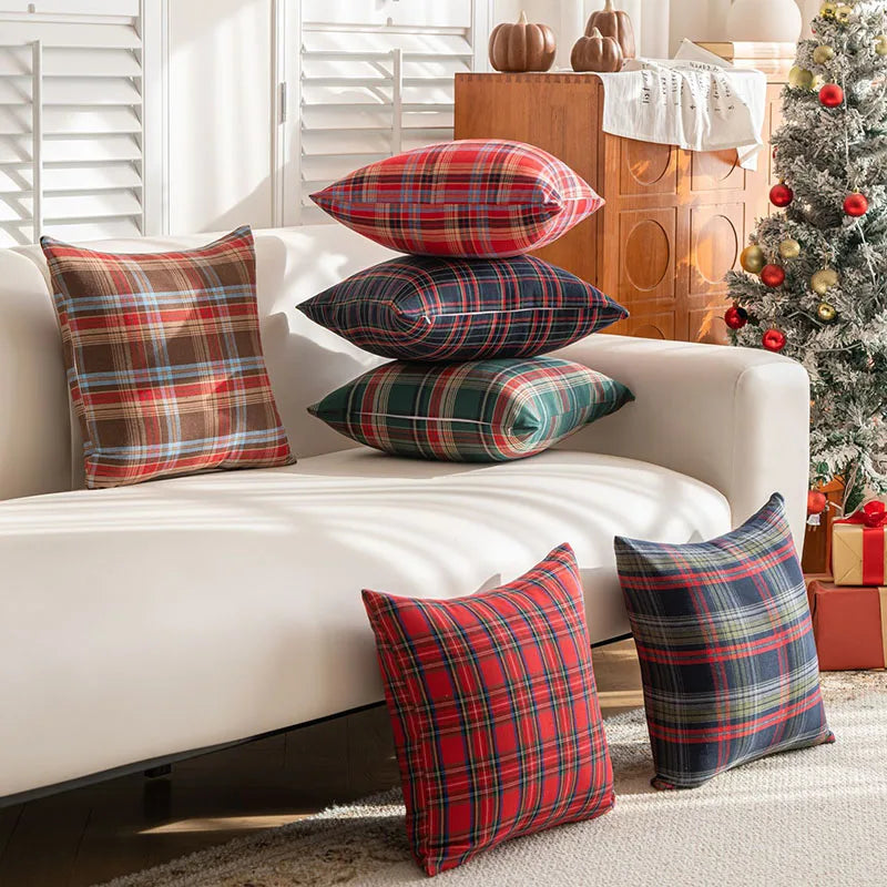 Pack of 2 Christmas Plaid Decorative Throw Pillow Covers Scottish Tartan Cushion Case for Farmhouse Home Holiday Decoration