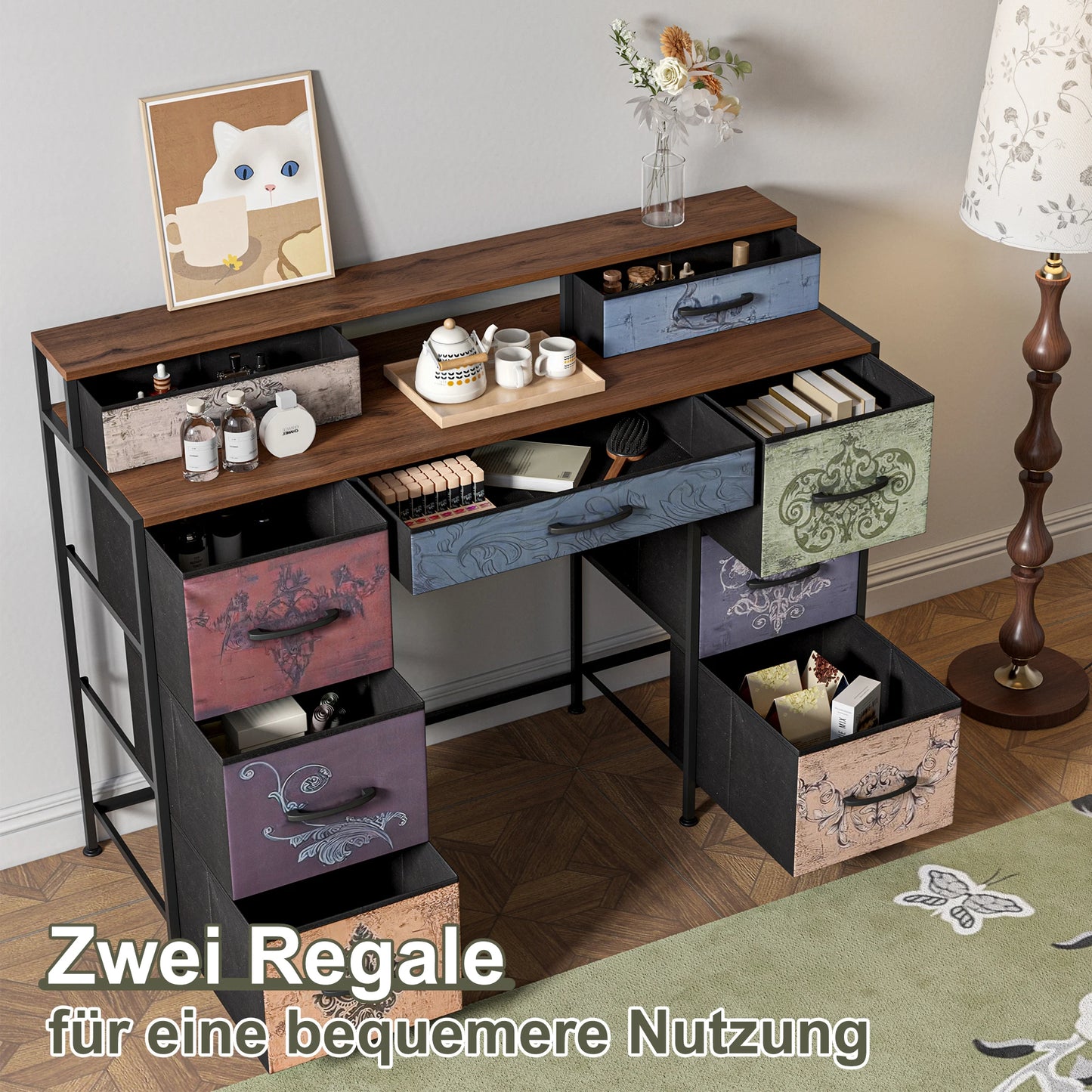 Lazyspace Schminktisch Vintage Kommode Multifunktional 9 Schubladen Holz