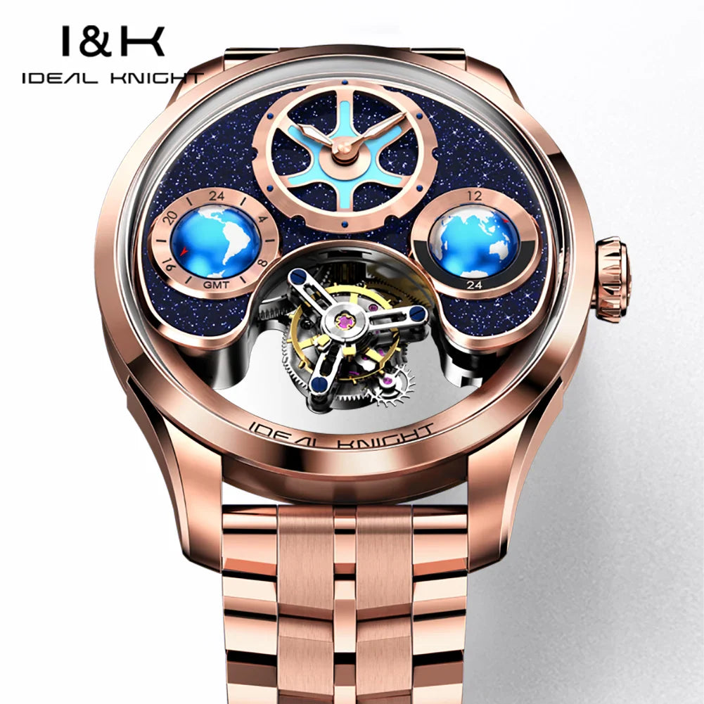 IDEAL KNIGHT blue earth tourbillon watch luxury skeleton automatic timepiece