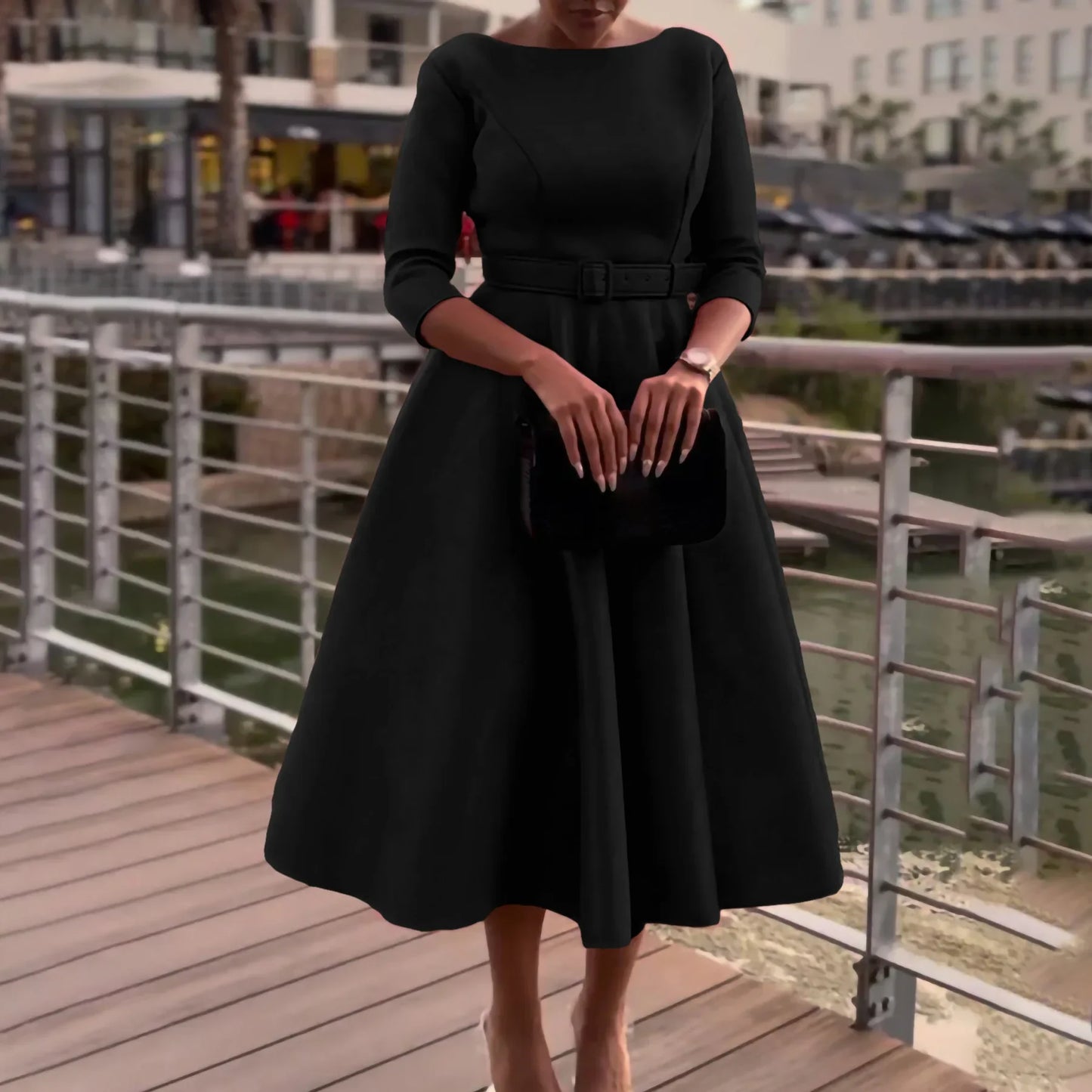 Elegant Women Party Dresses A Line with Waist Belt Three Quarter Sleeves Classy Office Ladies Wedding Guest Gowns Female