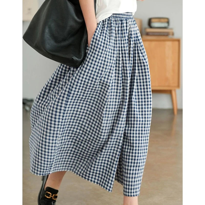 Elegant Woman Dress Plaid Pants Thin Cotton Linen Wide Leg Trousers Women 2024 Summer High Waist Baggy Jogger Pants Sweatpants