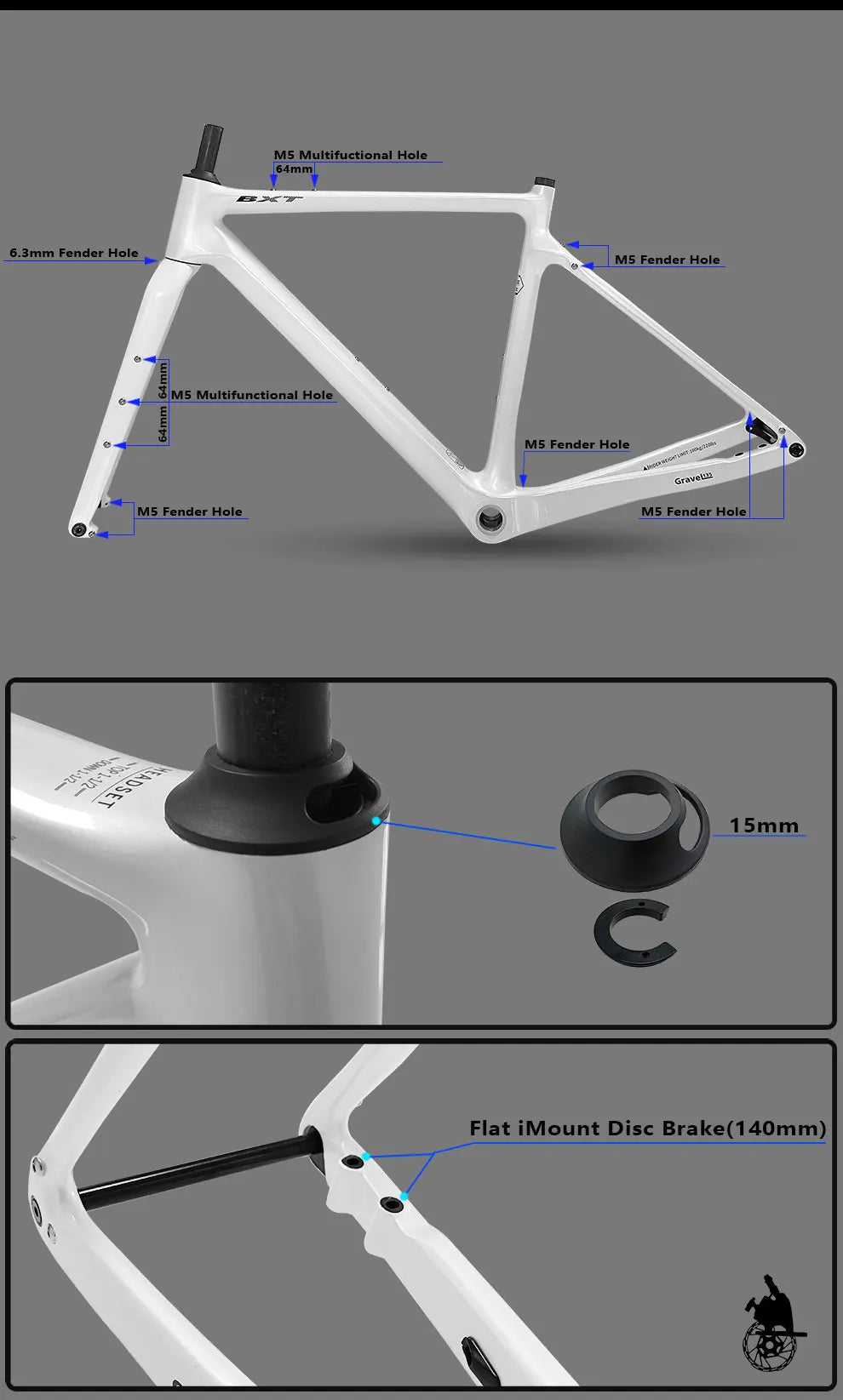 BXT Carbon Gravel Bike Frame Fully Hidden Cable Carbon Frame Fork Thru Axle Gravel Disc Brake Carbon MTB Road Bicycle Frame 27.5