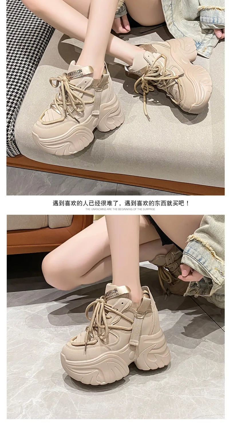 Women Walking Sneakers Autumn Lace-up High Platform Chunky Shoes Breathable Leather Shoes 10.5CM Winter Wedge Heels Casual Shoes