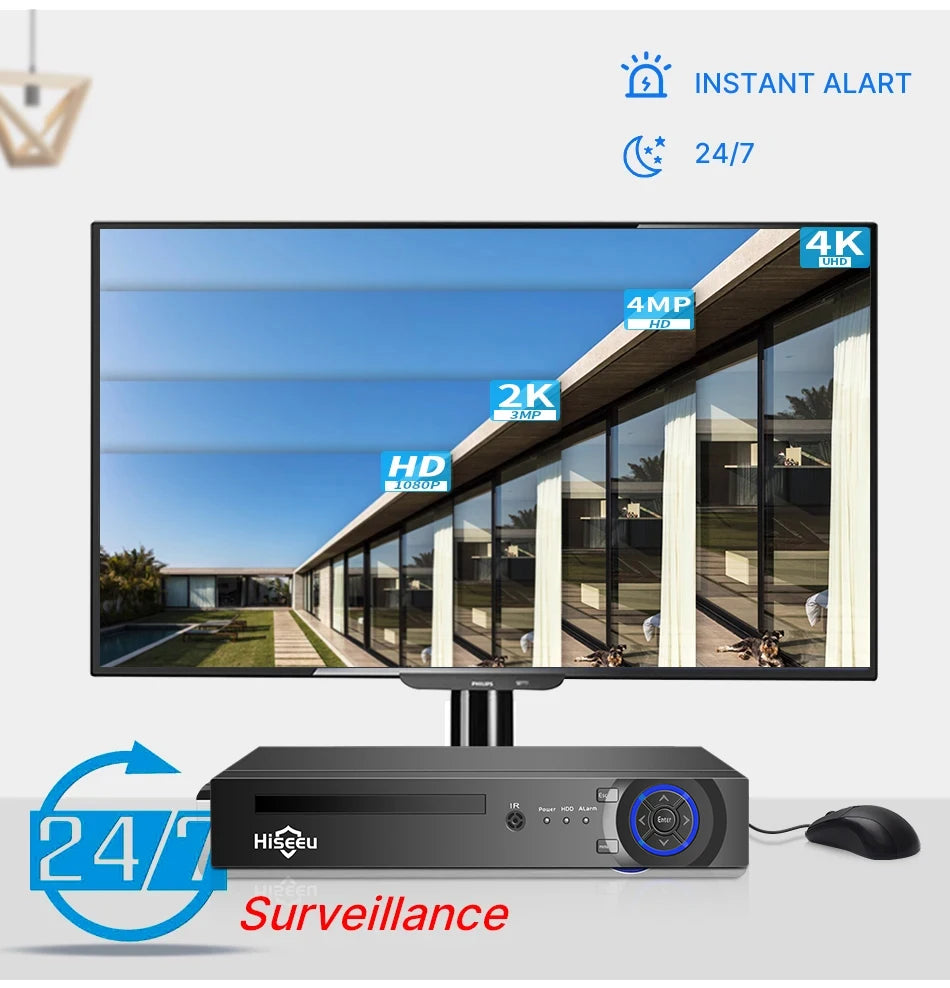 Hiseeu 4K 8MP POE Security IP Camera System Waterproof Full Color AI Face Detection 4CH NVR H.265 Surveillance CCTV Cameras Kit
