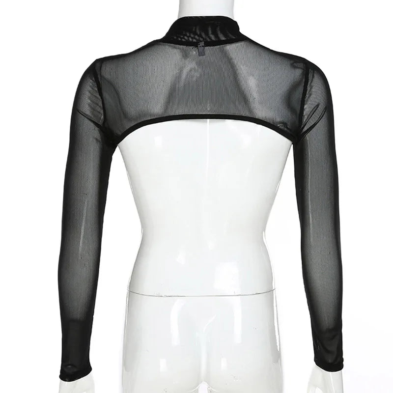 Women T-Shirt Sexy Hip Hop Gothic Lady Micro Short Metal Chain Lace See-through Mesh Long Sleeve Turtleneck Hot Tops