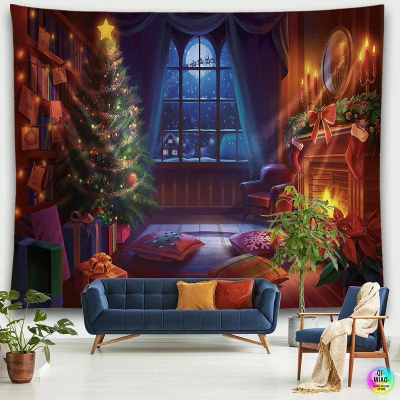 Merry Christmas Tapestry Fireplace Wall Hanging Tapestries Christmas Tree  Room Decoration Santa Claus Home Wall Decor  Large