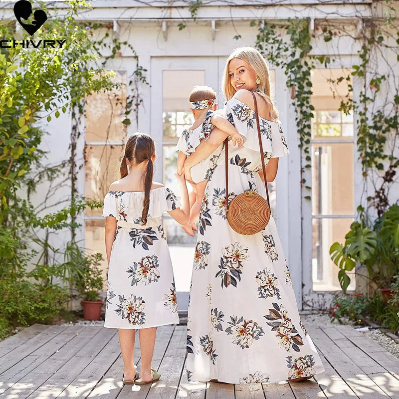 New Mother Daughter Summer Dresses Floral Slash Neck Beach Chiffon Dress Mom Mommy and Me Loose Dress Family Matching Outfits