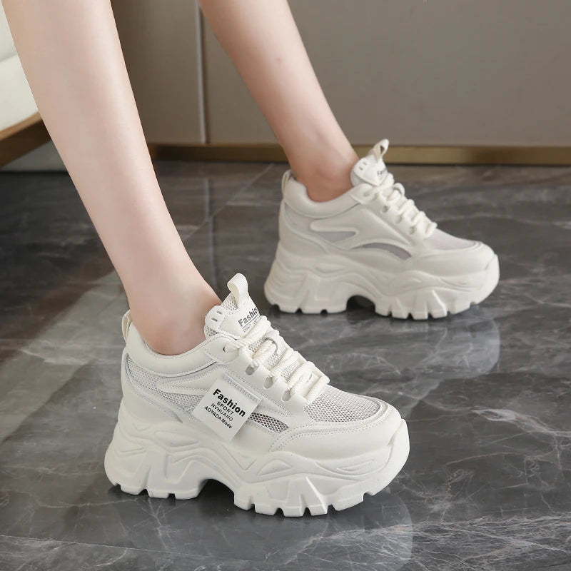 Whiet Breathable Chunky Sneakers Woman 2025 Spring Thick Platform Casual Sneakers Women Non Slip Lace Up Sports Shoes Female