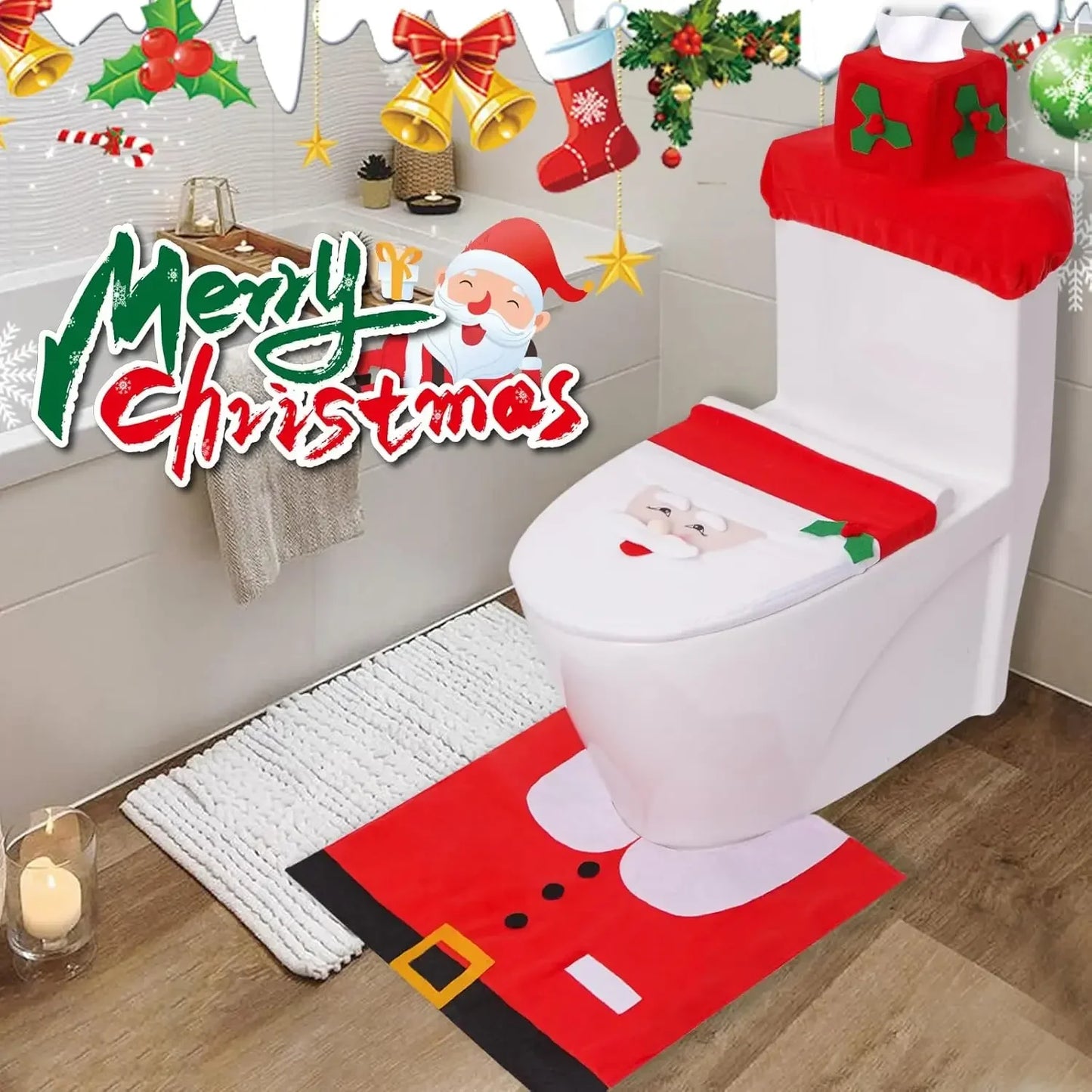 1-5Sets Christmas Toilet Seat Cover Santa Claus Bathroom Decor Set with Toilet Lid Mat and Tank Cover for Holiday Home Decor