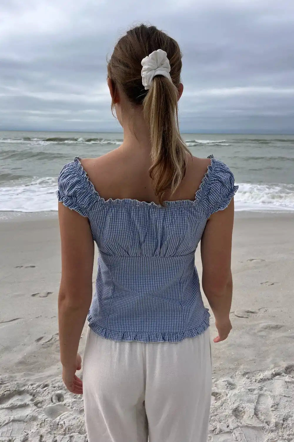 Blue Plaid Ruffles T-shirt Women Summer Folds V-neck Single Breasted Short Sleeve Tee Shirts Sweet Girls Cotton Slim Crop Top