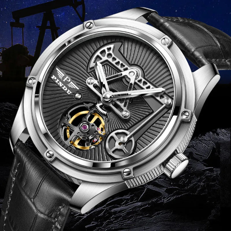 Men leather mechanical watch auto movement, sapphire glass