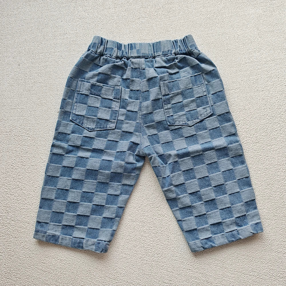 Children's Jeans 1-5Y New 2024 Autumn Boys Plaid Denim Pants Loose Style Mid Waist Girls Checkerboard Trousers