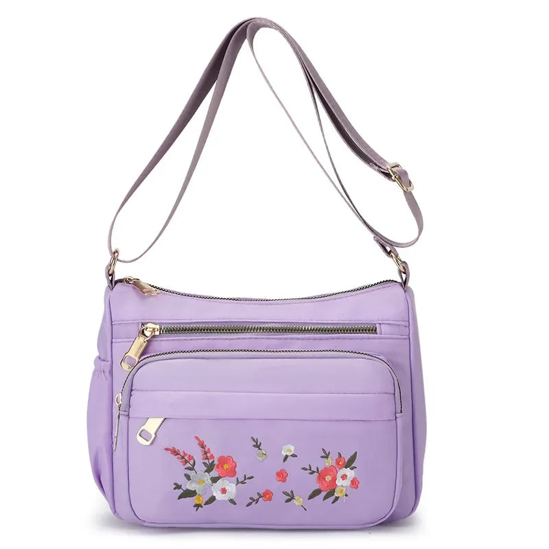 Casual Crossbody Backpack Ladies Oxford Cloth Shoulder Bag Fashion Embroidery Flower Zipper Travel Handbag