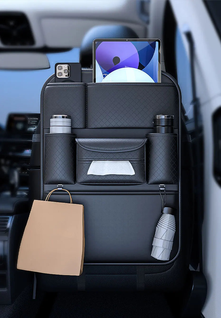 SEAMETAL Auto Sitzrücken Aufbewahrungstasche Multi-funktional Auto Getränk Handy Halter Tissue Tasche PU Leder Auto Organizer Tasche Zubehör