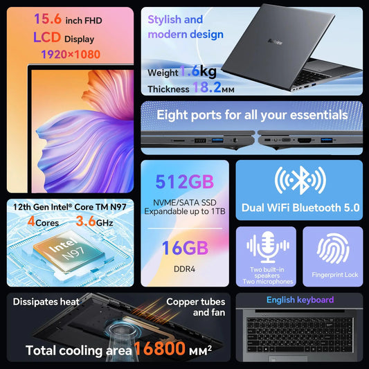 Blackview AceBook 8 Laptop 15.6" 12th Gen Intel Alder Lake N97 16GB RAM 512GB SSD + expansion up to 1TB Windows 11 Home 15.6"
