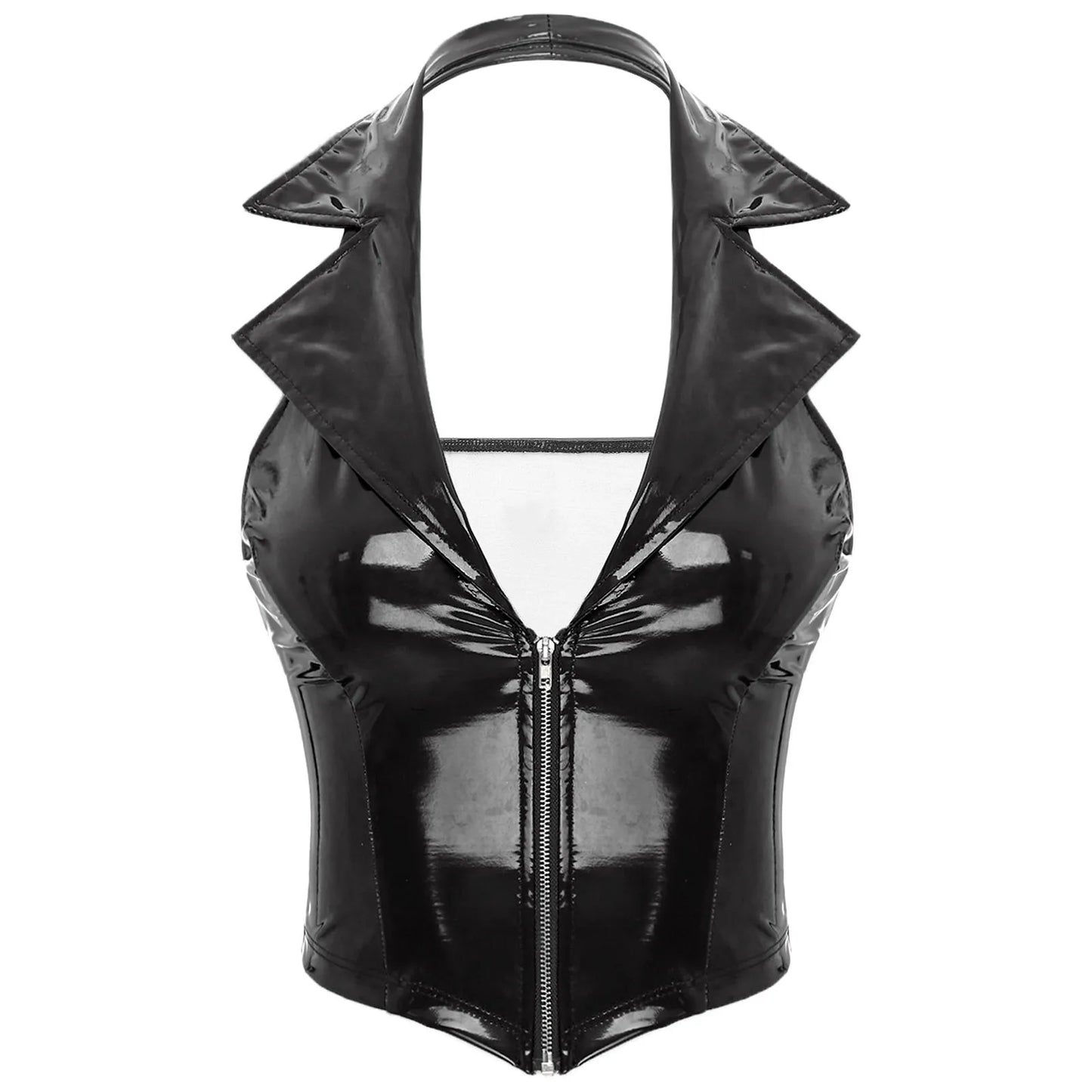 Womens Deep V Neck Front Zipper Latex Vest Tops Glossy Patent Leather Notch Lapel Slim Fit Waistcoat PU Leather Camisole Tops
