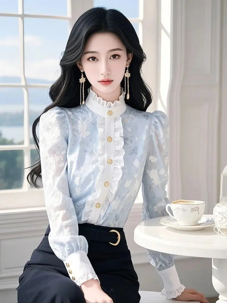 Blue Floral Chiffon Shirt with Ears for Women Spring 2025 New Top