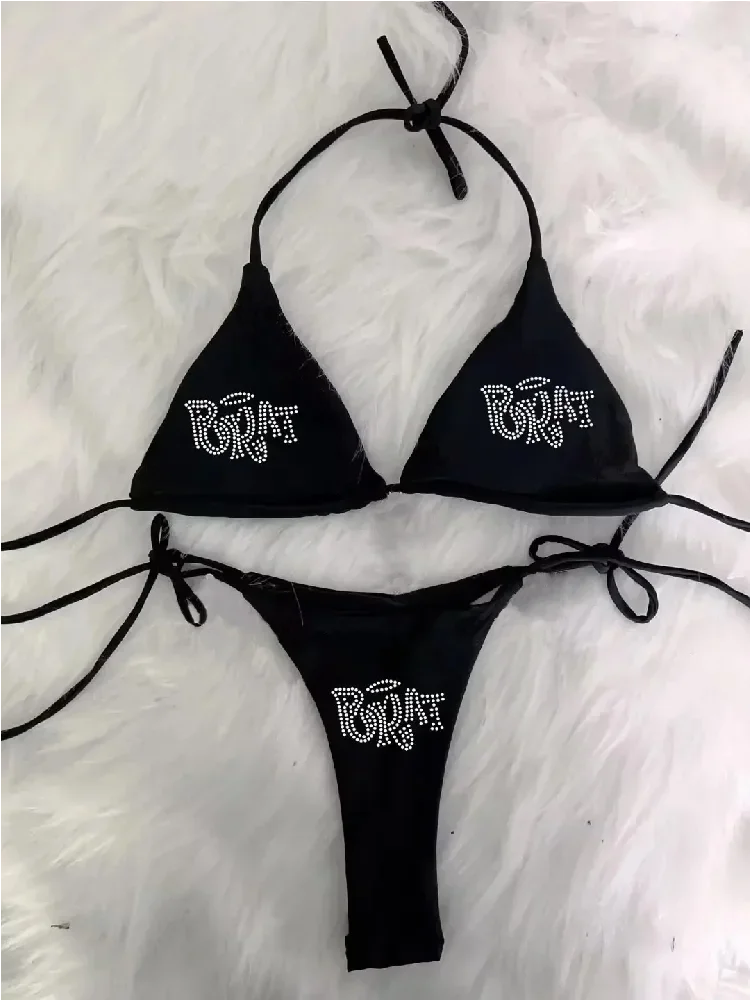 Gothic Bademode - Punk Strand Bikini Strass Y2K Grunge Badeanzug - Alternative Mode Schwarz Schwimmbekleidung