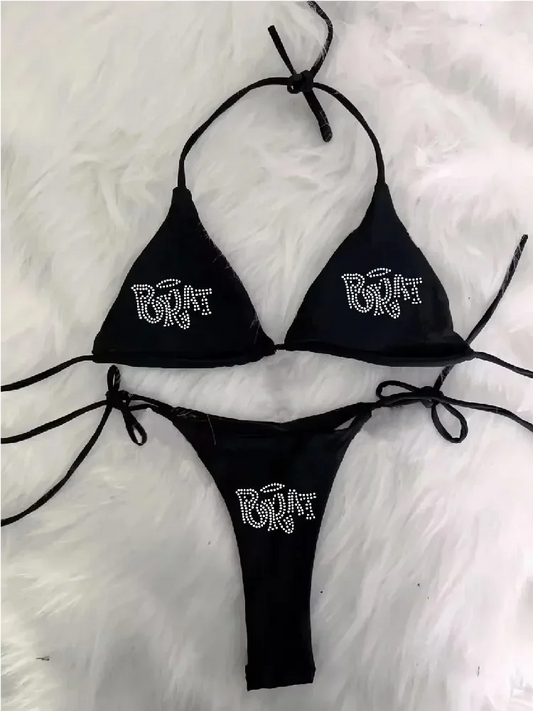 Gothic Bademode - Punk Strand Bikini Strass Y2K Grunge Badeanzug - Alternative Mode Schwarz Schwimmbekleidung