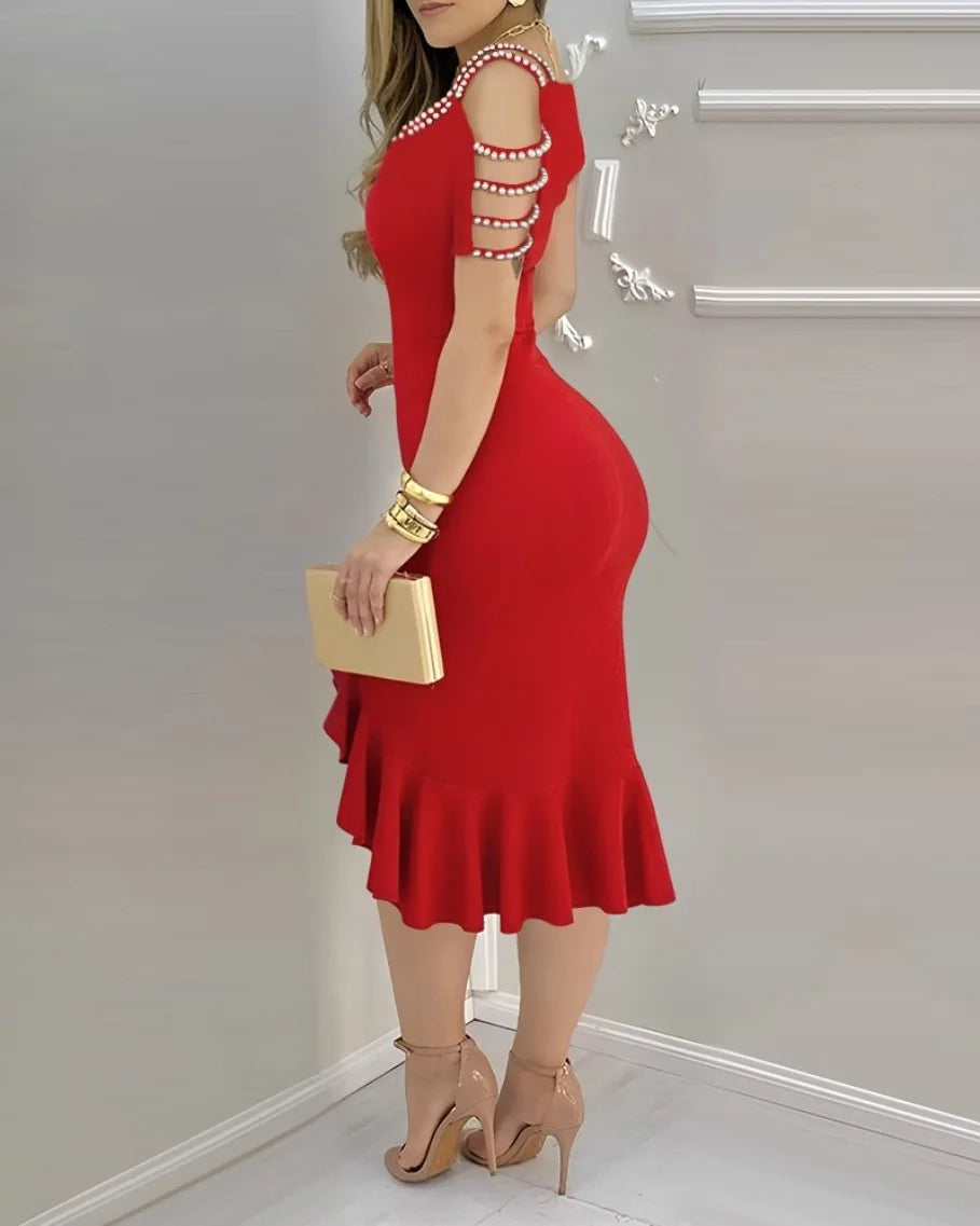 Elegante Frauen Kleid Perlen Dekoration - Schwarz S M L