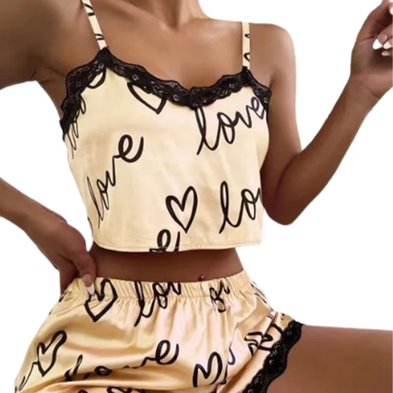 Damen Pyjama Set 2025 - 2-teiliges Schlafanzug Set mit Print & Shorts
