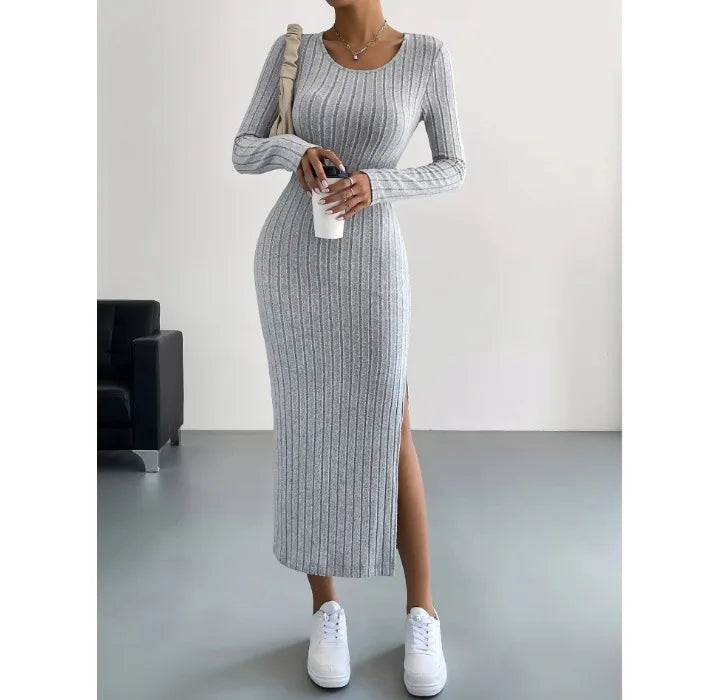 Damen Kleid 2025 - Casual Elegant Women Dresses Autumn Winter Long Sleeve Round Neck Split