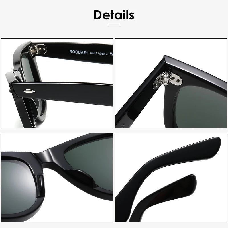 ROGBAE Trendige Sonnenbrille Herren Klassiker Glas Linse Acetat Sonnen Brille R2140 Luxus Marke Nieten Design Schutzbrille Damen Sonnenbrille