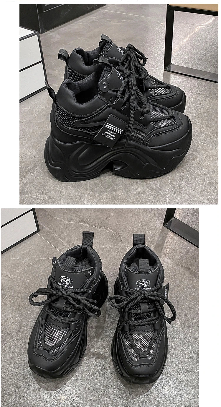 Women High Platform Sneakers New Summer 9.5CM Wedge Heels Thick Sole Leather Shoes Autumn Breathable Mesh Chunky Sneakers Woman