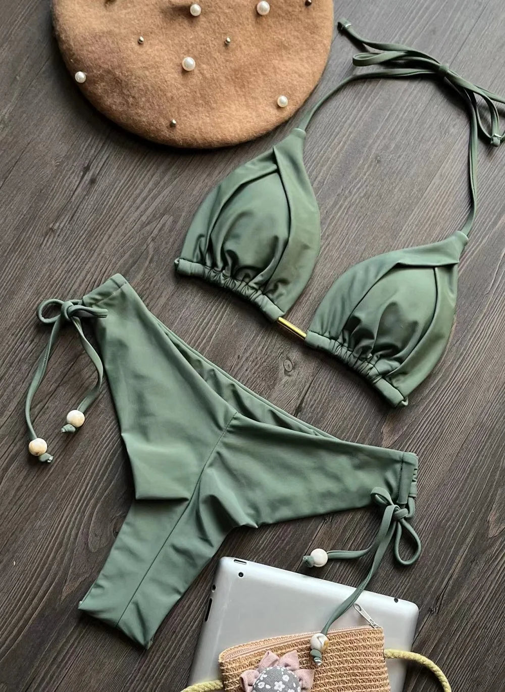 Damen Bikini Set 2025 - Dreieck Badeanzug Brasilianisch Halter Push-Up Metallkette