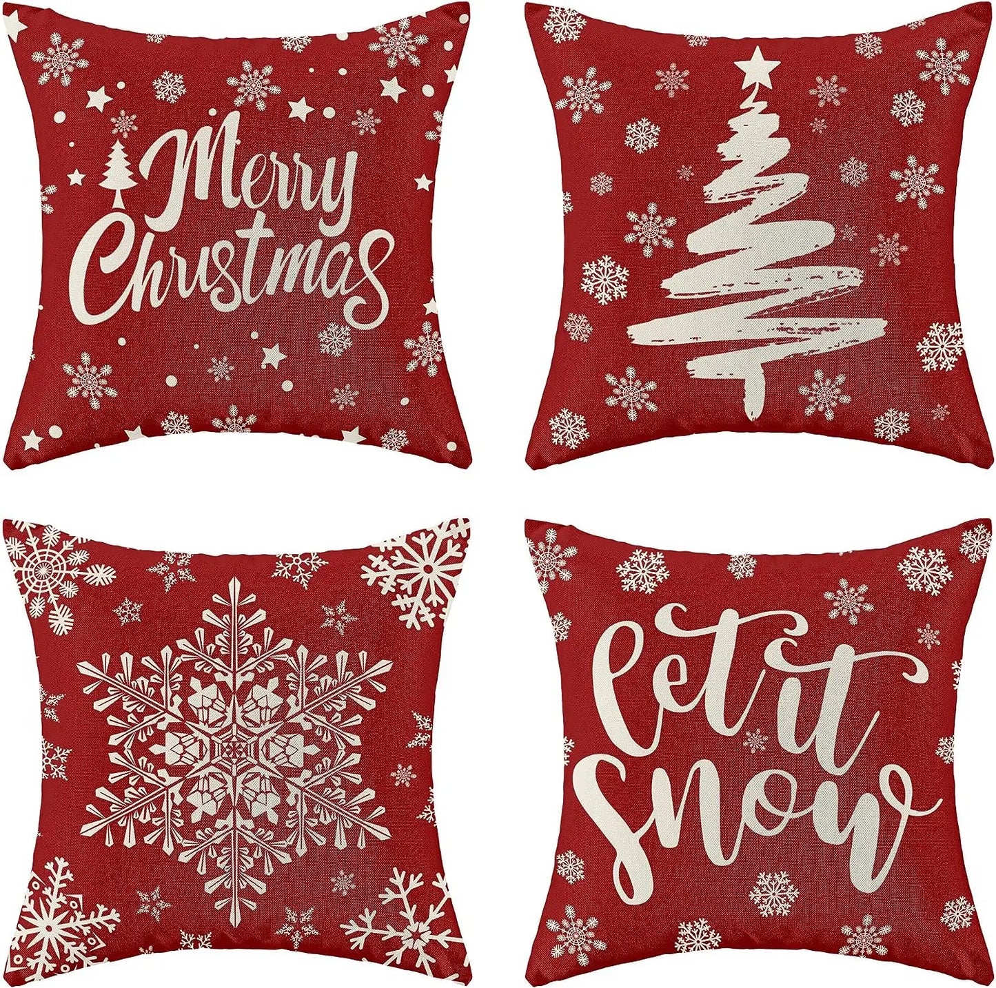 Christmas Pillowcase, Red Pillow Cover Farmhouse Snowflake Christmas Linen Pillowcase Suitable for Sofa Home Decoration