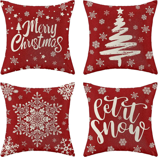 Christmas Pillowcase, Red Pillow Cover Farmhouse Snowflake Christmas Linen Pillowcase Suitable for Sofa Home Decoration