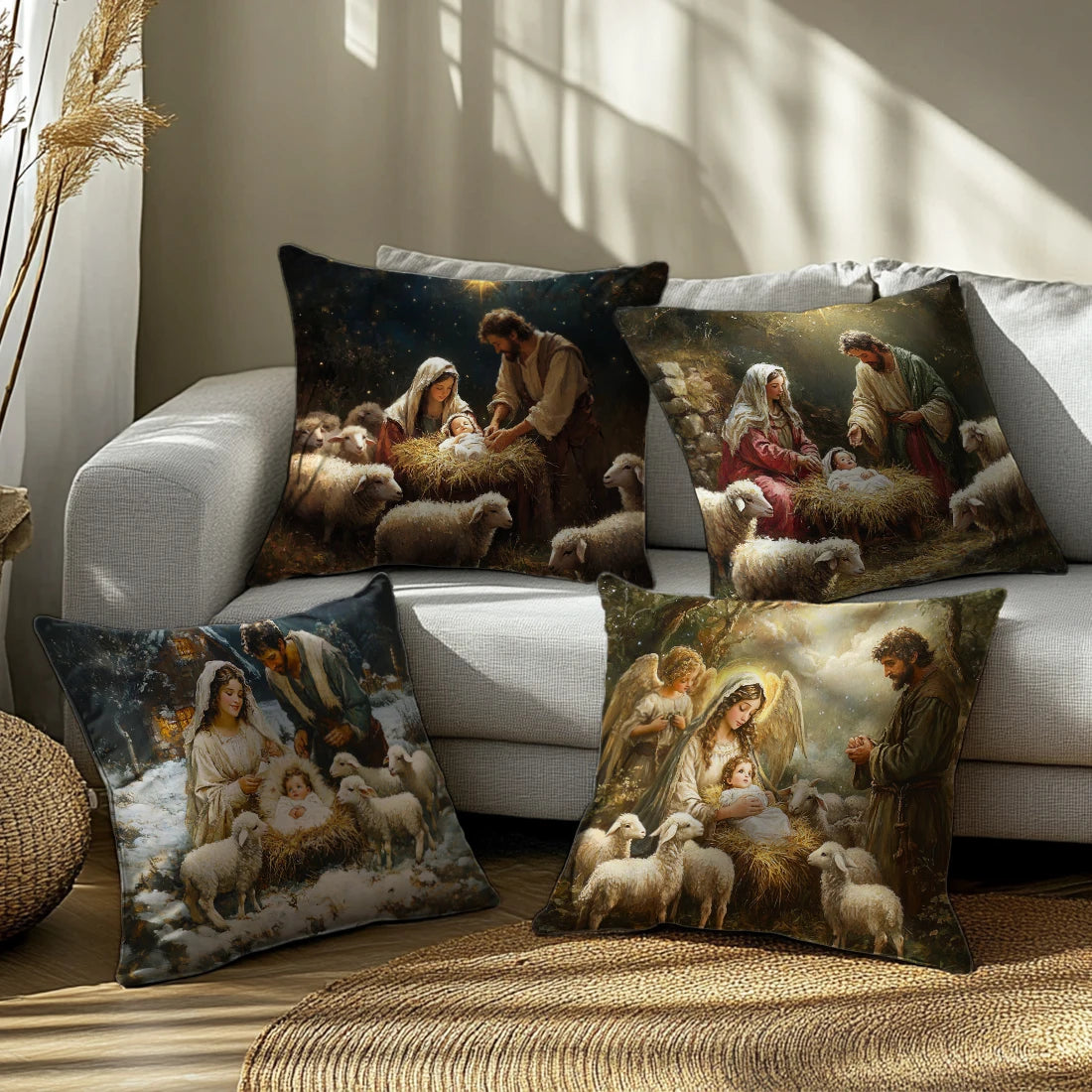 4/1PCS Christmas Throw Pillow Cover with Jesus Birth Design,45x45cm Soft Comfortable,forLiving Room SofasBedroom Christmas Decor