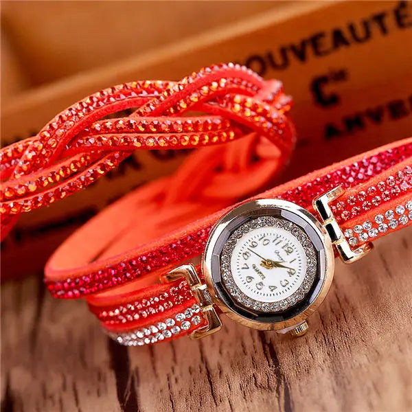 Damen-Uhr 2025: MOONBIFFY Fashion Casual Gold Quartz Women Rhinestone Watch - Braided Leather Bracelet Watch Gift Ladies Wristwatch Relogio Feminino Gift Collection