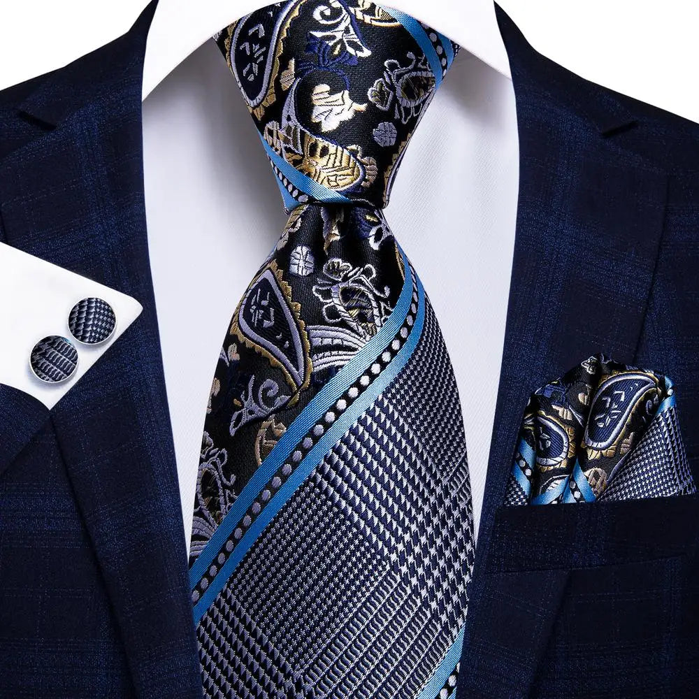 Hi-Tie Seiden-Herren-Krawatten-Set Blumenmuster Gelb Gold Krawatten und Taschentücher Manschettenknöpfe-Set Herren-Hochzeits-Party-Anzug-Mode-Halskrawatte C-3053