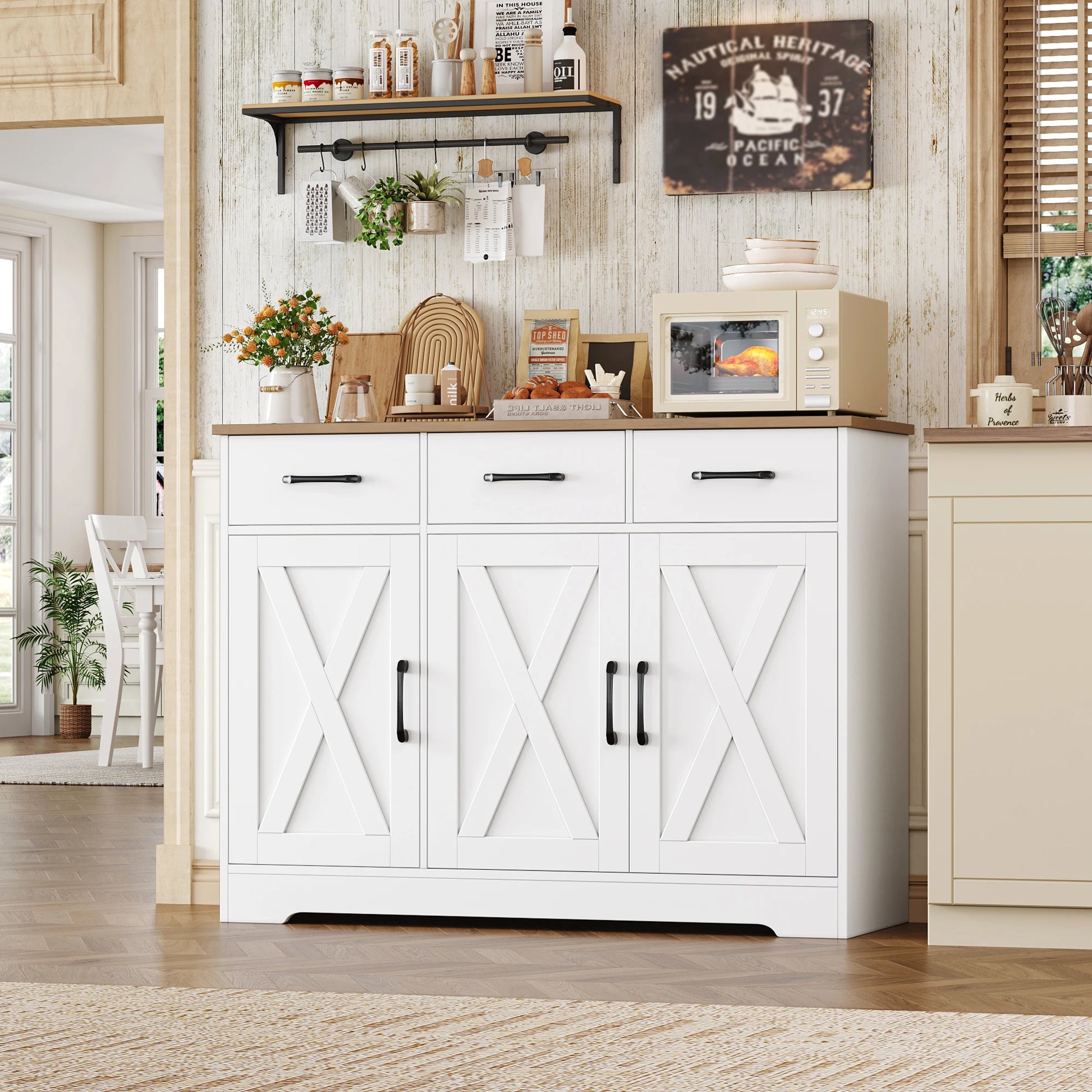 Sideboard, Küchenschrank mit 3 Schubladen und 3 Türen für Küche, Buffetschrank mit Arbeitsplatte, für Esszimmer, Wohnzimmer, Hol by Golden Bridge Store