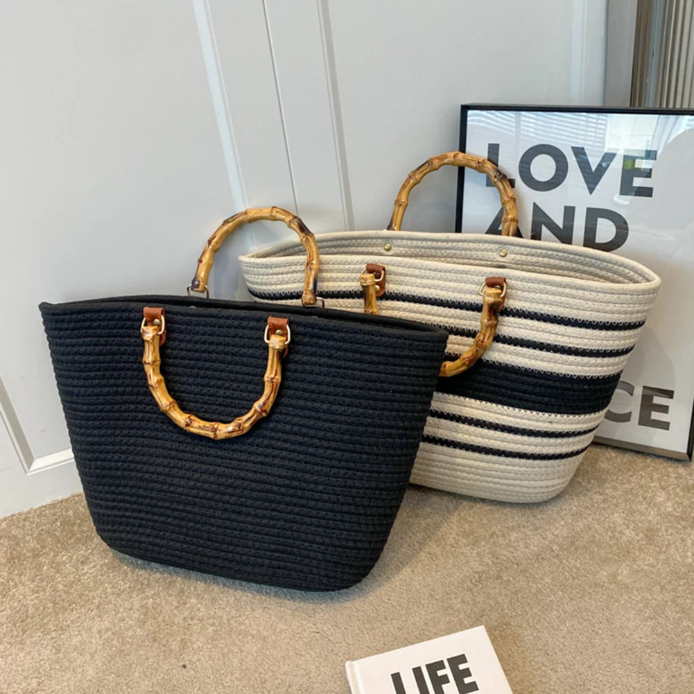 Beach Vacation Bags Bamboo Handle Women Weaving Bag Large Capacity Striped Portable Casual Fashion Exquisite for Seaside Party