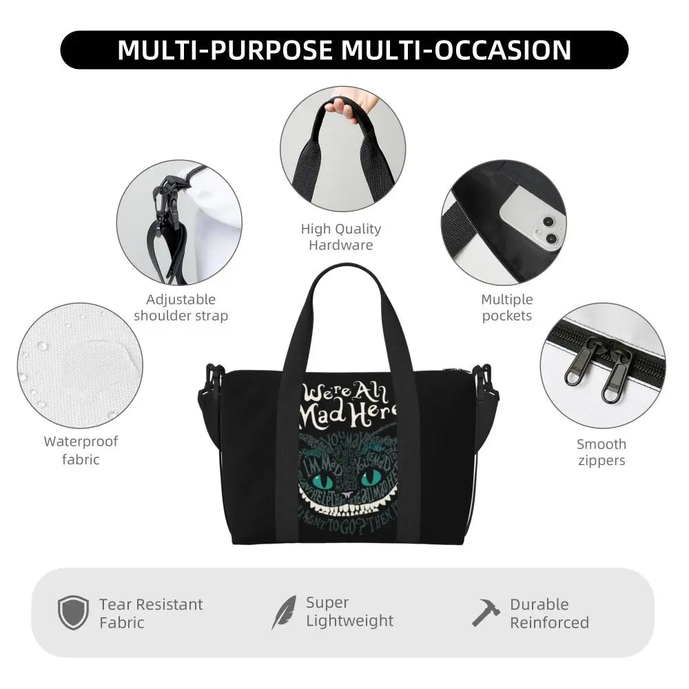 Custom Cheshire Cat Beach Tote Bag for Women We're All Mad Here Cat Big Compartment Gym Beach Travel Bags