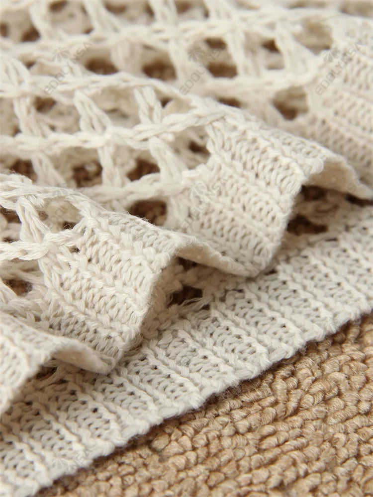 Einfarbig Strand Stricken Mini Kleid - Frauen Sommer Elegant Dekorative Details Langarm - Badeanzug Cover Up Boho Urlaub Lose Beachwear