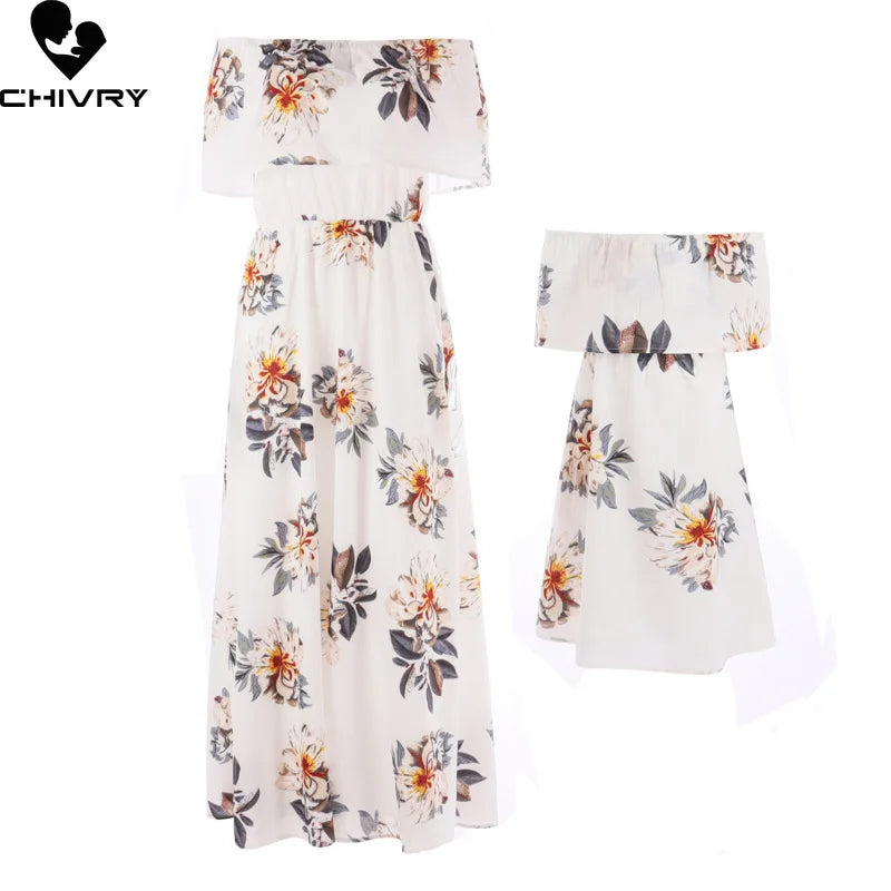 New Mother Daughter Summer Dresses Floral Slash Neck Beach Chiffon Dress Mom Mommy and Me Loose Dress Family Matching Outfits