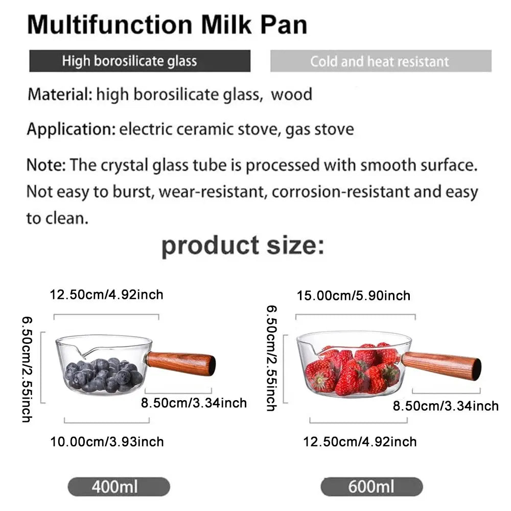 MYVIT Glas Milchtopf Holzgriff - 400 Und 600 Ml, Gas