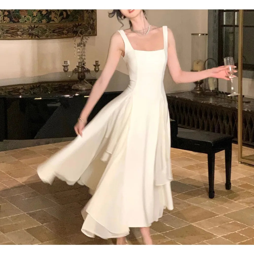 Elegant Dresses for Women Ruffles Sundress Evening Party Dress Sleeveless Square Collar A Line New Prom Robe Korean Vestidos