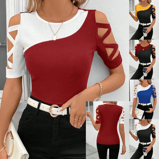 Women's T-shirt Slim Color Block Office Fashion Street Top Hollow Short Sleeve Tight Tees for Women