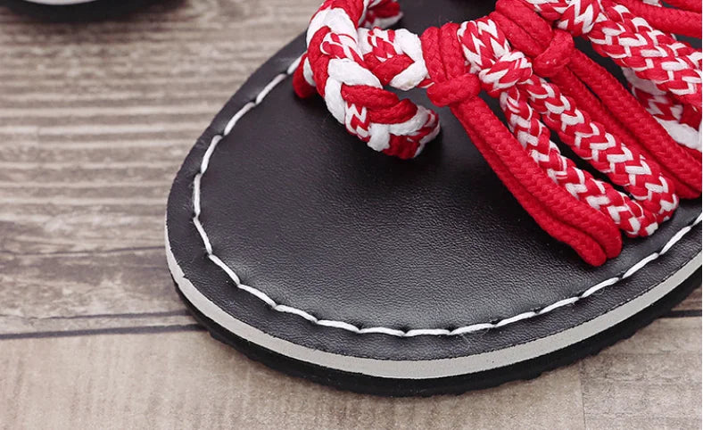 Women Summer Flip Flop Sandals Shoes Mixed Color Matching Rope Knot Beach Toe Roman Sandals Casual Comfortable Plus Size Shoes