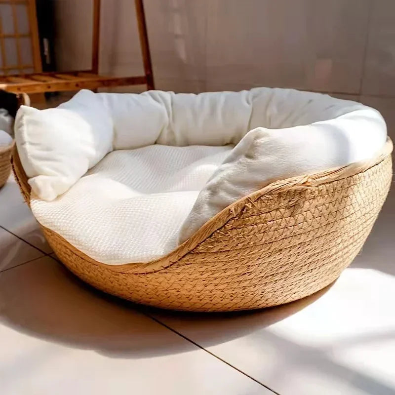 Haustier Bett 2025 - Weiche Katze Zwinger Hunde Betten Sofa - Bambus Weben Vier Jahreszeiten Gemütlich Nest Körbe Wasserdicht Kissen