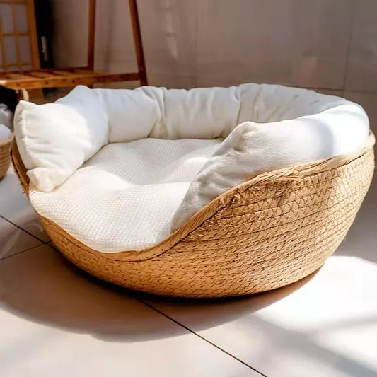Haustier Bett 2025 - Weiche Katze Zwinger Hunde Betten Sofa - Bambus Weben Vier Jahreszeiten Gemütlich Nest Körbe Wasserdicht Kissen
