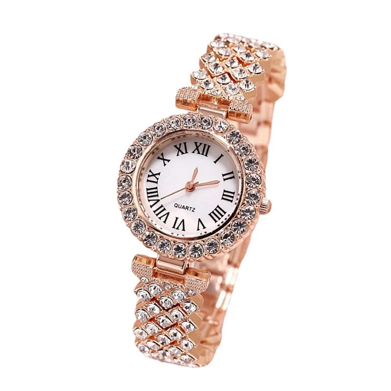 Mode Luxus Vollkristall 5-teiliges Set - Uhr Halskette Ohrringe Ring Set für Damen - Strass Armbanduhr Damen Armband Set Geschenk